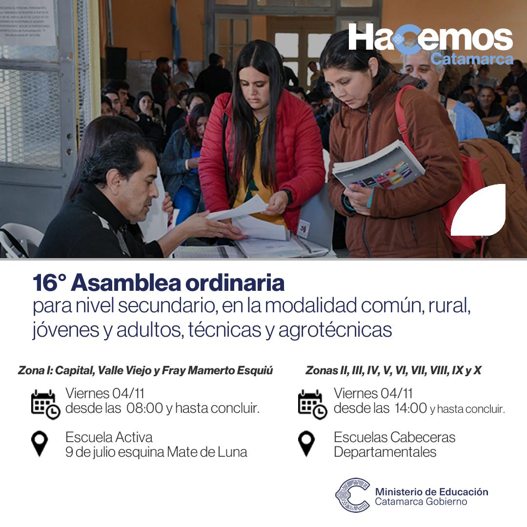 16° Asamblea ordinaria para las instituciones educativas del nivel secundario, en la modalidad común, rural, jóvenes y adultos, técnicas y agrotécnicas